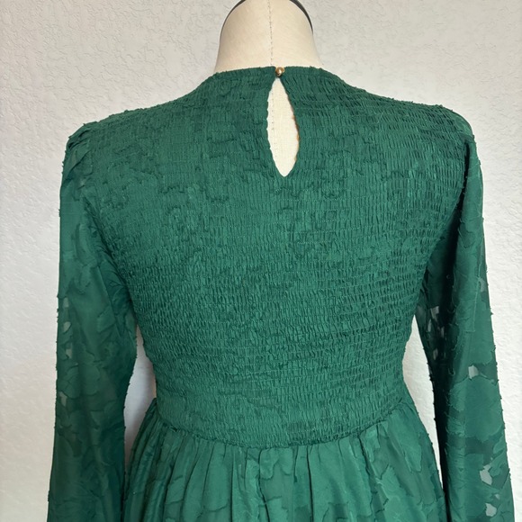 Emerald Green Smocked Bodice Tiered Maxi Dress Long Sleeve Lace Overlay - Picture 5 of 8